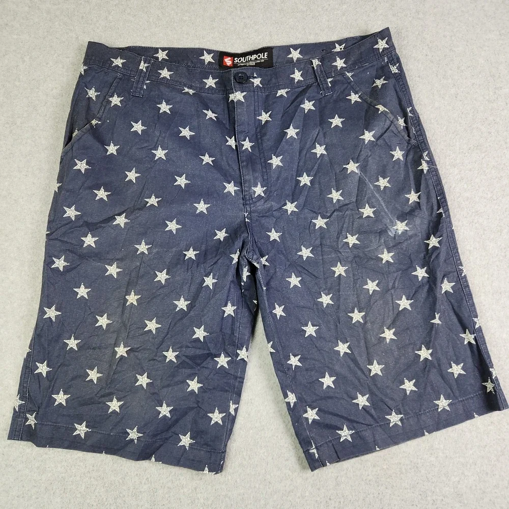 Southpole Shorts Mens 38 Blue Star Print Flat Front Casual Streetwear Americana